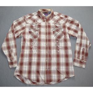 Roper Shirt Mens XL Brown White Plaid +‎ Graphic Print Western Pearl Snap Rodeo